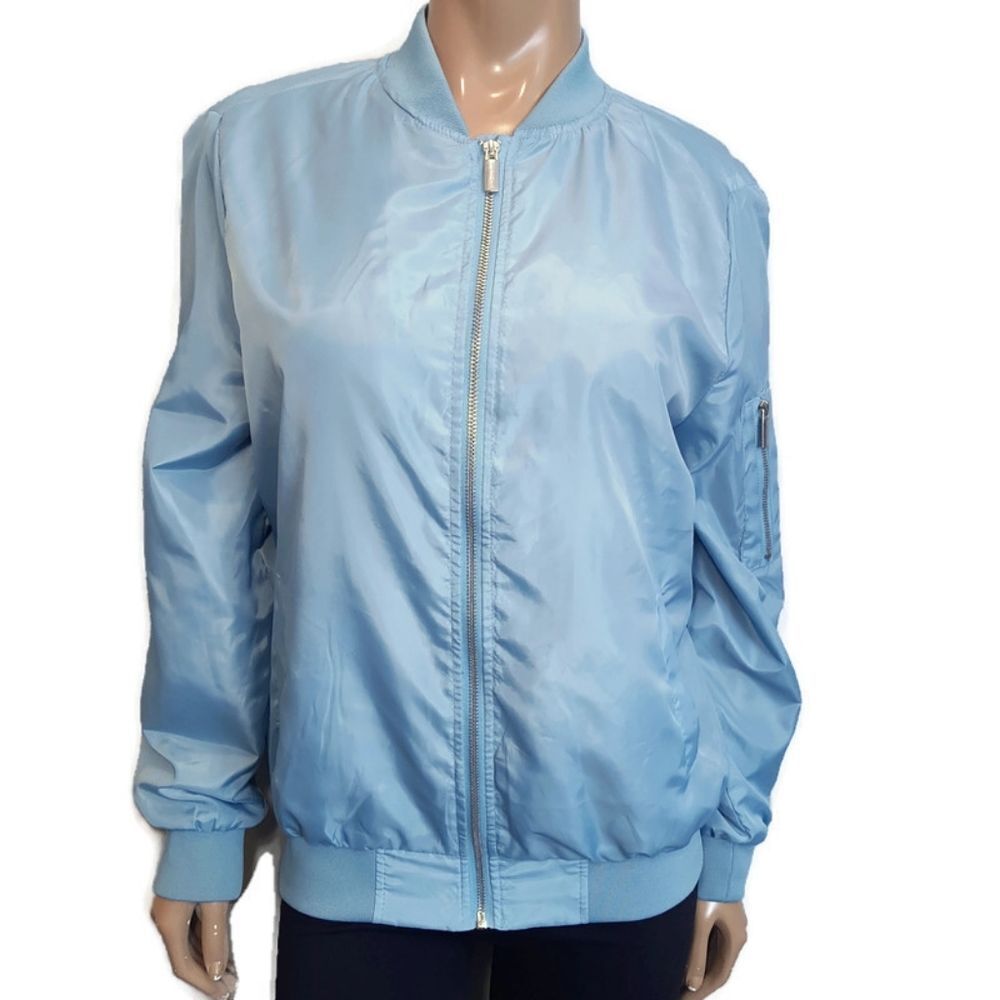 STREETWEAR SOCIETY Shiny Blue Bomber Jacket Spring Coat Zip Front Size Large